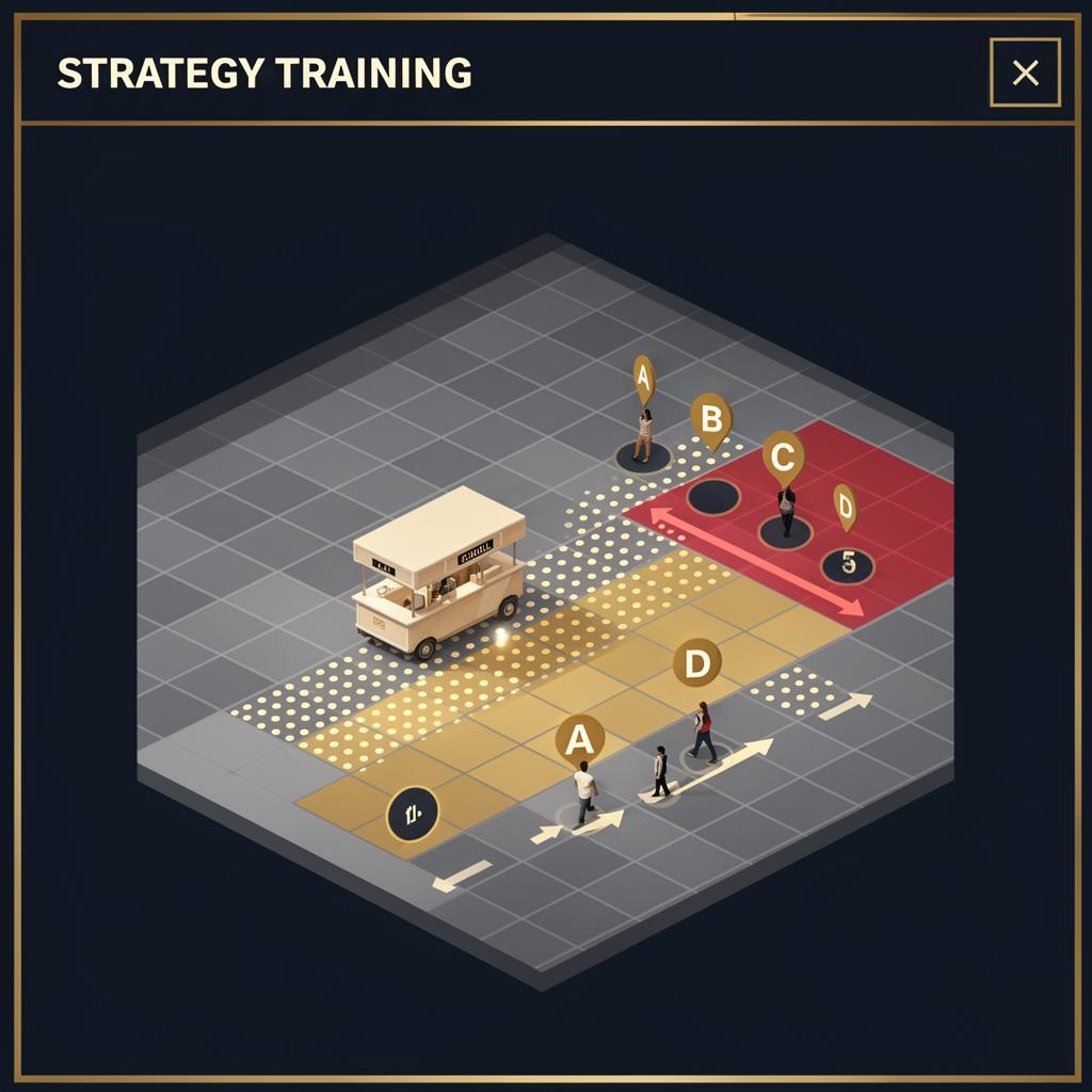 Top-down 2D floor strategy simulator preview